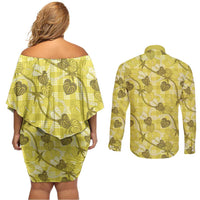 Anthurium Pikake Ti Leaf Palaka Couples Matching Off Shoulder Short Dress and Long Sleeve Button Shirt Yellow Version LT01 - Polynesian Pride