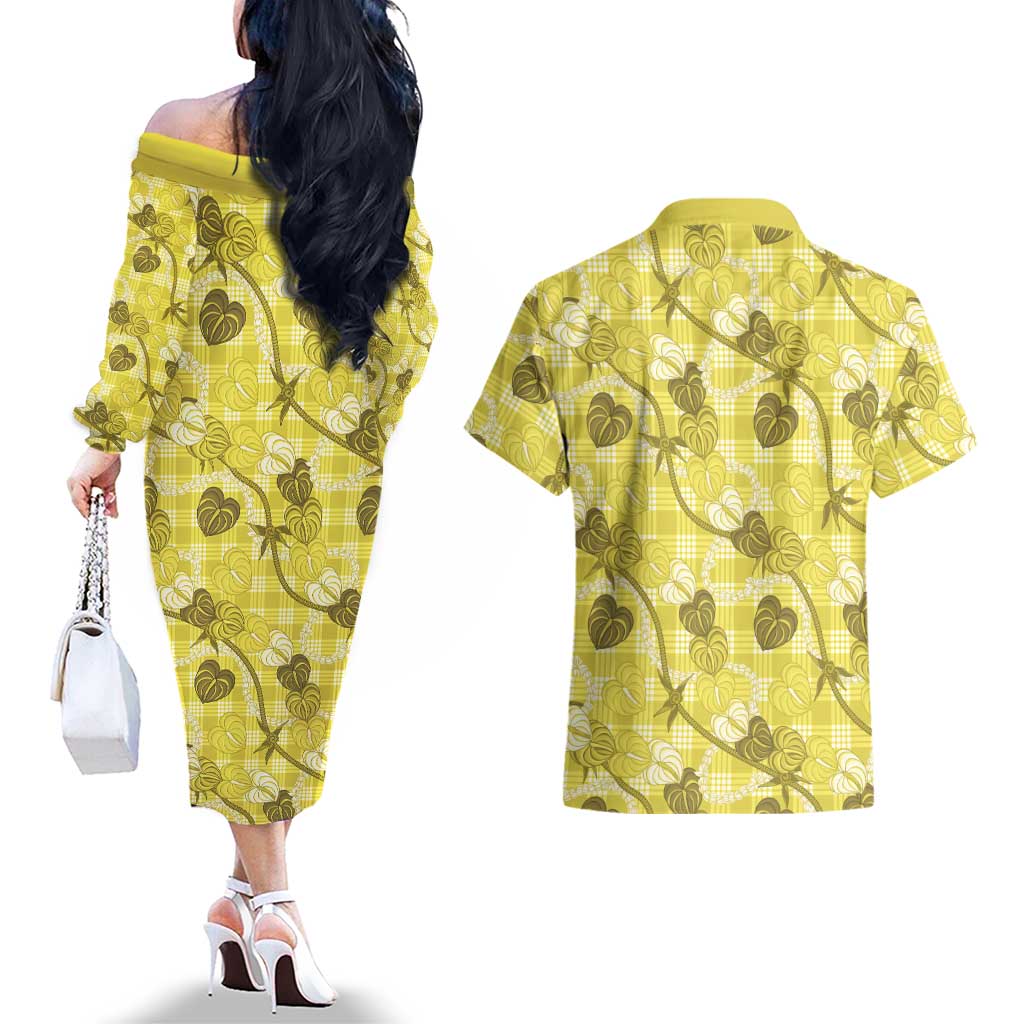 Anthurium Pikake Ti Leaf Palaka Couples Matching Off The Shoulder Long Sleeve Dress and Hawaiian Shirt Yellow Version LT01 - Polynesian Pride