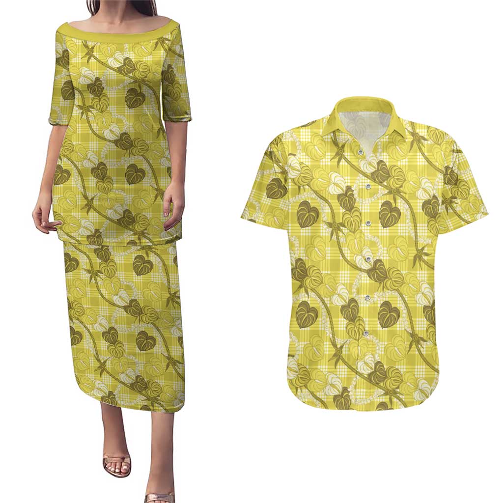 Anthurium Pikake Ti Leaf Palaka Couples Matching Puletasi and Hawaiian Shirt Yellow Version LT01 Yellow - Polynesian Pride