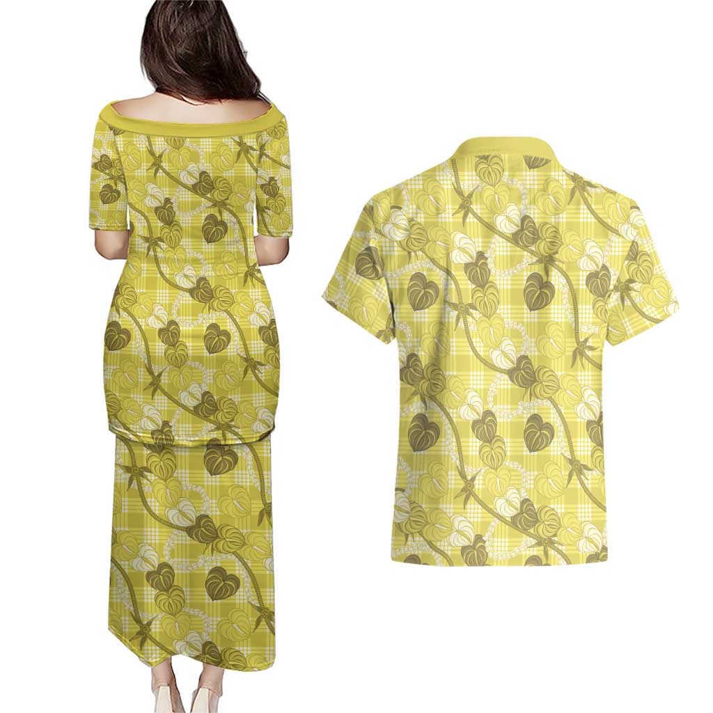 Anthurium Pikake Ti Leaf Palaka Couples Matching Puletasi and Hawaiian Shirt Yellow Version LT01 - Polynesian Pride