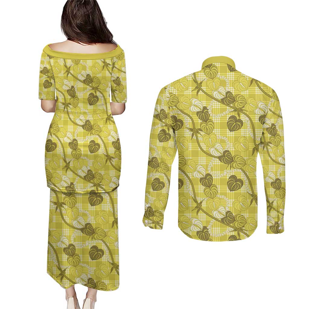 Anthurium Pikake Ti Leaf Palaka Couples Matching Puletasi and Long Sleeve Button Shirt Yellow Version LT01 - Polynesian Pride