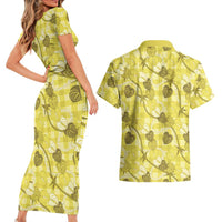 Anthurium Pikake Ti Leaf Palaka Couples Matching Short Sleeve Bodycon Dress and Hawaiian Shirt Yellow Version LT01 - Polynesian Pride