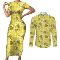 Anthurium Pikake Ti Leaf Palaka Couples Matching Short Sleeve Bodycon Dress and Long Sleeve Button Shirt Yellow Version LT01 Yellow - Polynesian Pride