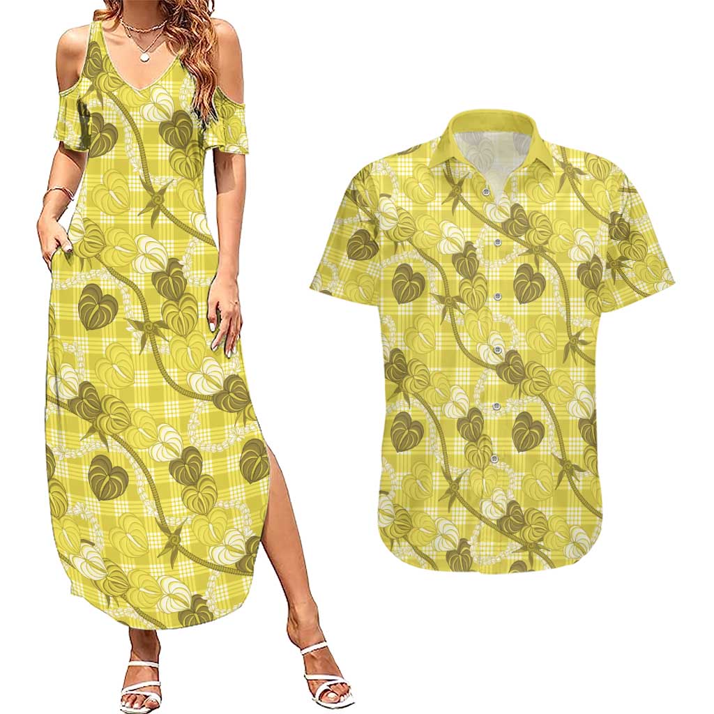 Anthurium Pikake Ti Leaf Palaka Couples Matching Summer Maxi Dress and Hawaiian Shirt Yellow Version LT01 Yellow - Polynesian Pride