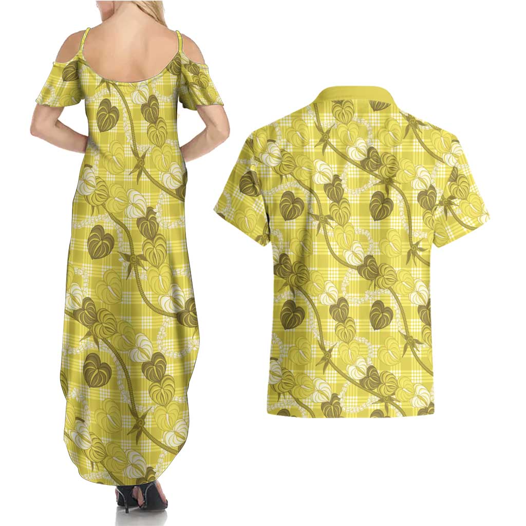 Anthurium Pikake Ti Leaf Palaka Couples Matching Summer Maxi Dress and Hawaiian Shirt Yellow Version LT01 - Polynesian Pride