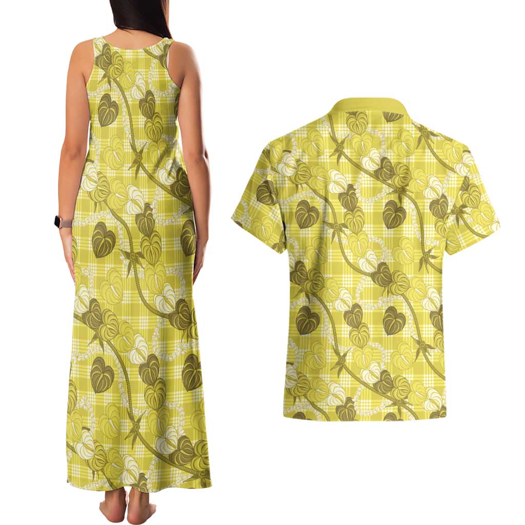 Anthurium Pikake Ti Leaf Palaka Couples Matching Tank Maxi Dress and Hawaiian Shirt Yellow Version LT01 - Polynesian Pride