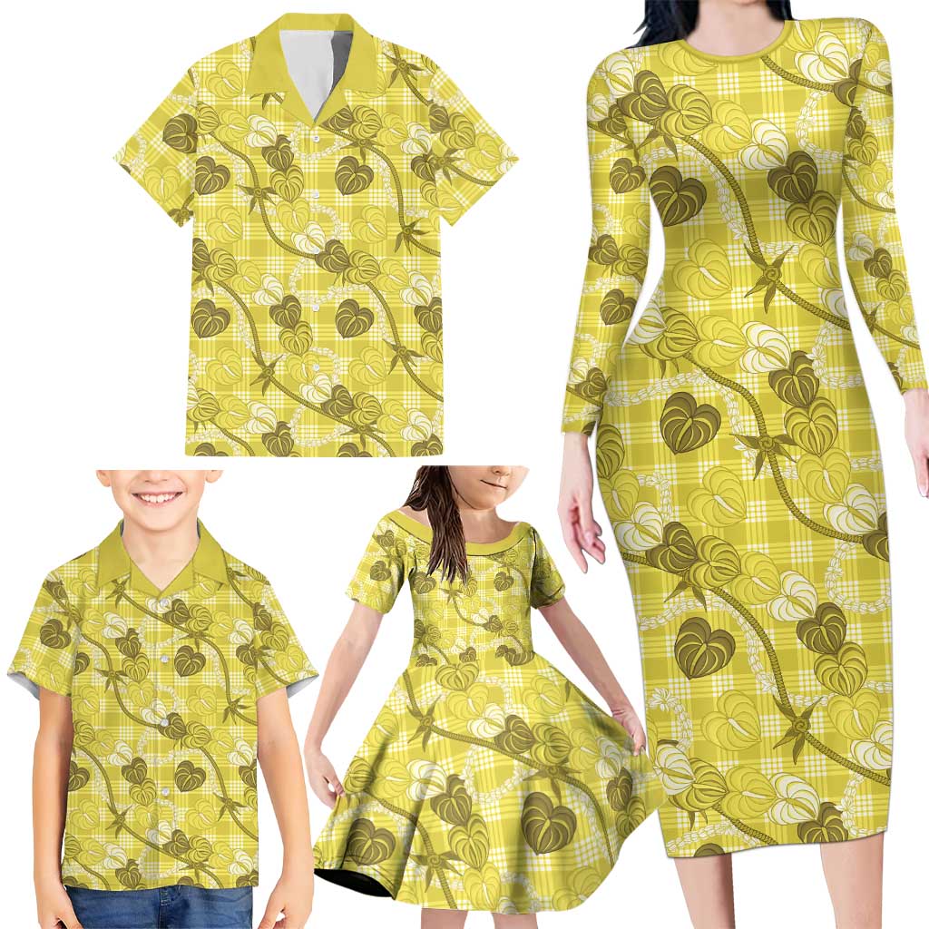 Anthurium Pikake Ti Leaf Palaka Family Matching Long Sleeve Bodycon Dress and Hawaiian Shirt Yellow Version