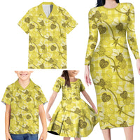 Anthurium Pikake Ti Leaf Palaka Family Matching Long Sleeve Bodycon Dress and Hawaiian Shirt Yellow Version