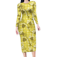 Anthurium Pikake Ti Leaf Palaka Family Matching Long Sleeve Bodycon Dress and Hawaiian Shirt Yellow Version