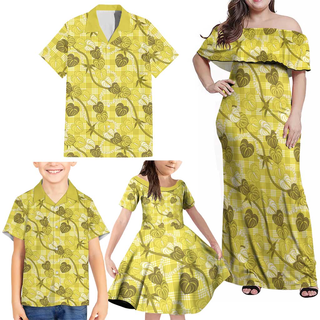 Anthurium Pikake Ti Leaf Palaka Family Matching Off Shoulder Maxi Dress and Hawaiian Shirt Yellow Version LT01 - Polynesian Pride