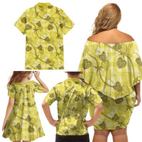 Anthurium Pikake Ti Leaf Palaka Family Matching Off Shoulder Short Dress and Hawaiian Shirt Yellow Version LT01 - Polynesian Pride