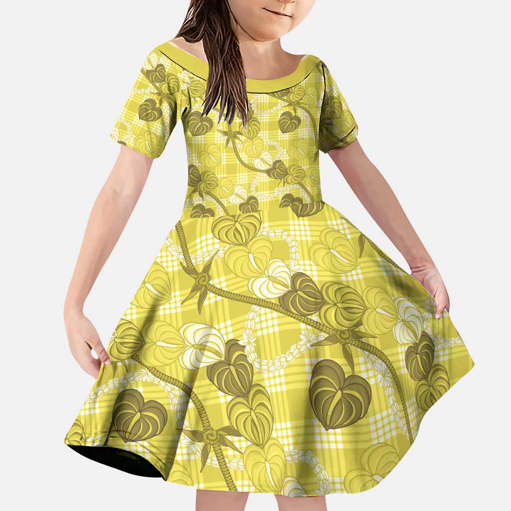 Anthurium Pikake Ti Leaf Palaka Family Matching Puletasi and Hawaiian Shirt Yellow Version LT01 Daughter's Dress Yellow - Polynesian Pride