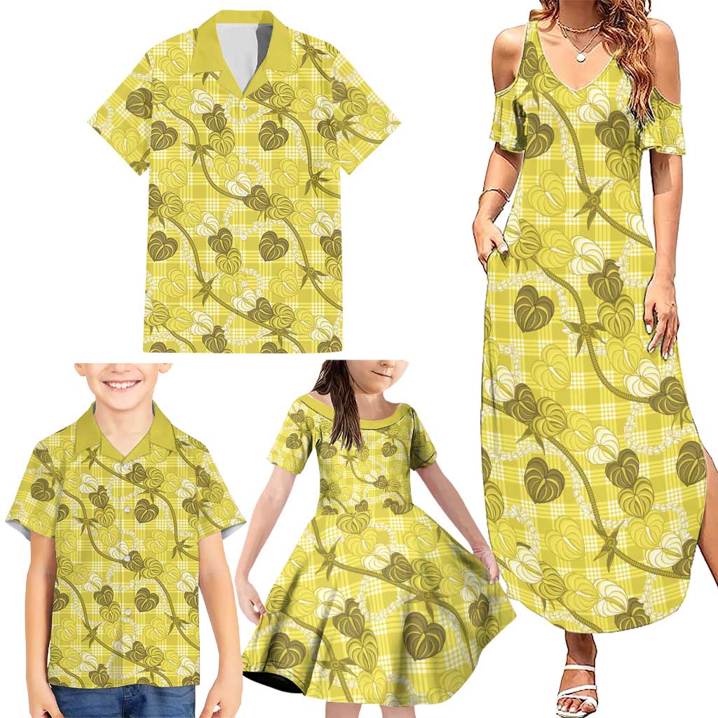 Anthurium Pikake Ti Leaf Palaka Family Matching Summer Maxi Dress and Hawaiian Shirt Yellow Version LT01 - Polynesian Pride