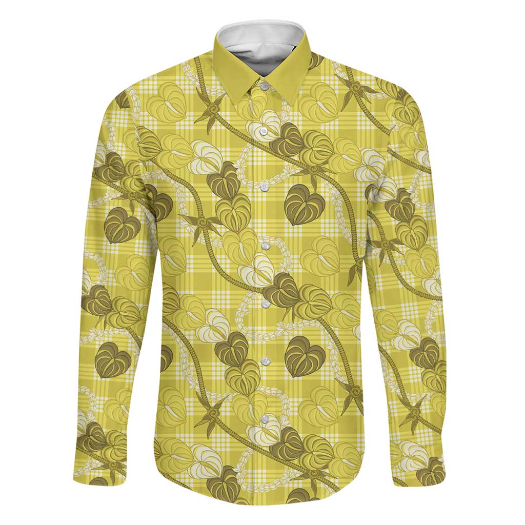Anthurium Pikake Ti Leaf Palaka Family Matching Summer Maxi Dress and Hawaiian Shirt Yellow Version LT01 Dad's Shirt - Long Sleeve Yellow - Polynesian Pride
