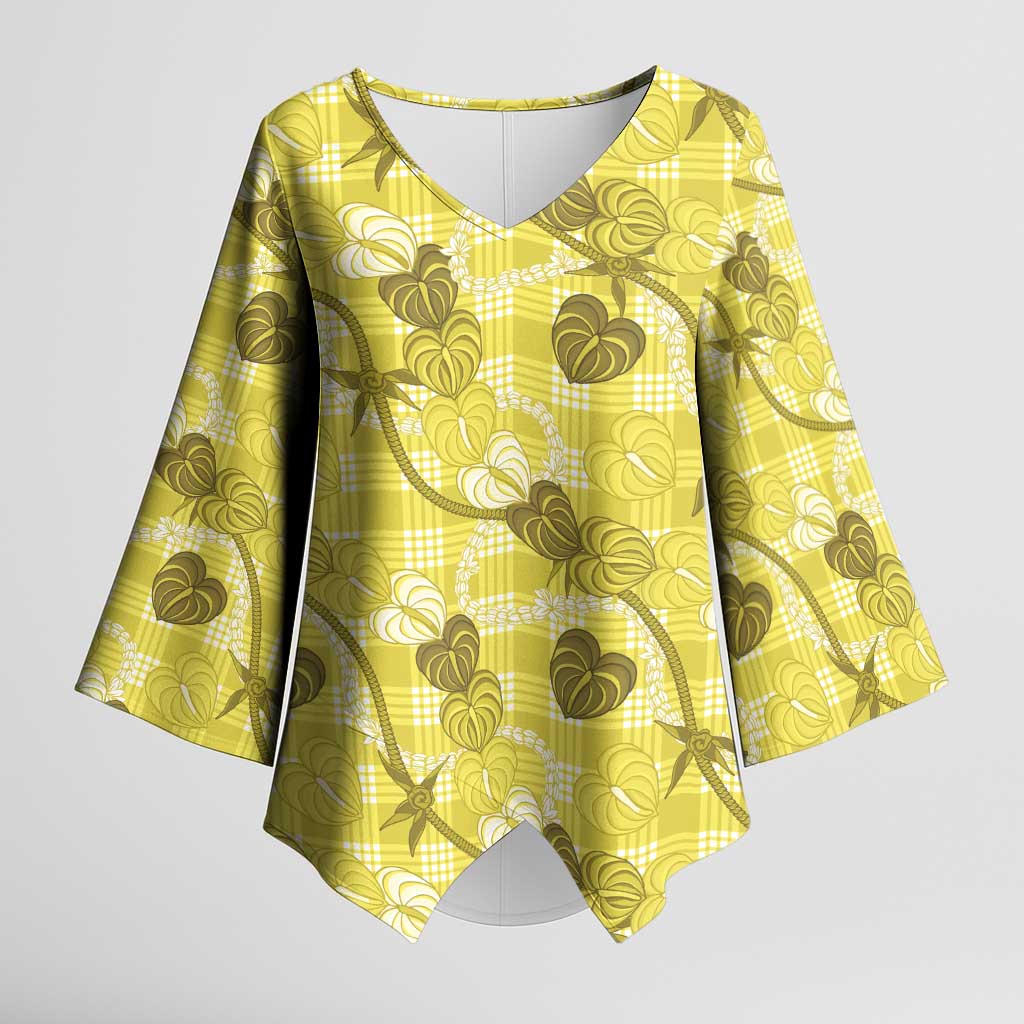 Anthurium Pikake Ti Leaf Palaka Kimono Sleeve Blouse Yellow Version LT01 Female Yellow - Polynesian Pride