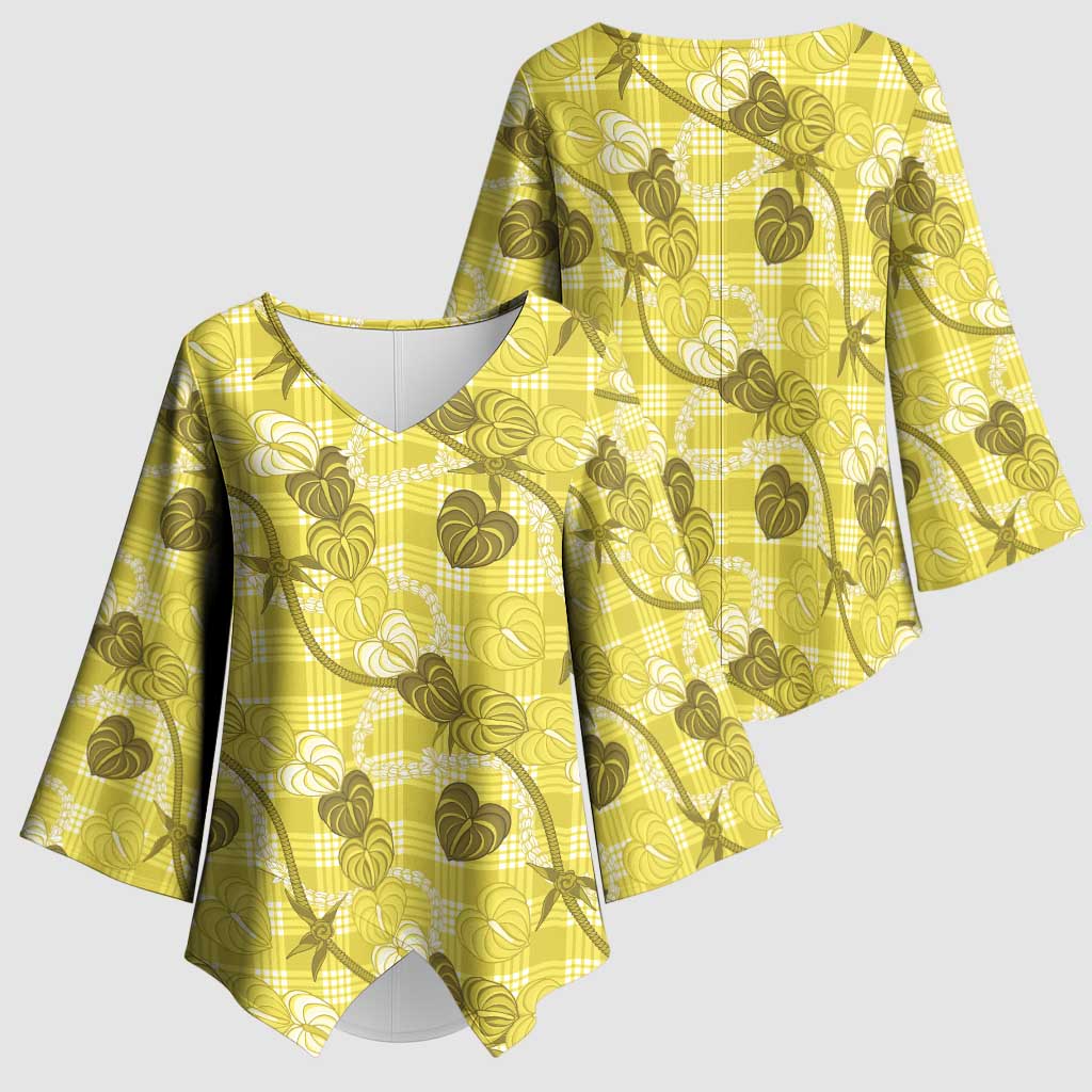 Anthurium Pikake Ti Leaf Palaka Kimono Sleeve Blouse Yellow Version LT01 - Polynesian Pride