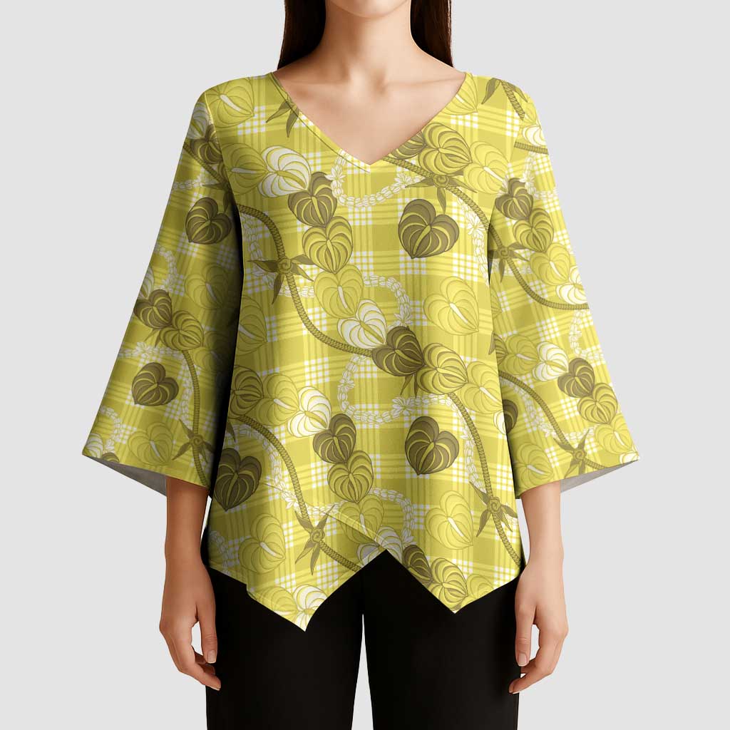 Anthurium Pikake Ti Leaf Palaka Kimono Sleeve Blouse Yellow Version LT01 - Polynesian Pride