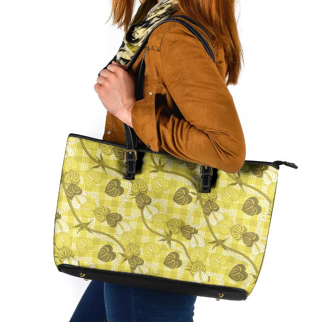 Anthurium Pikake Ti Leaf Palaka Leather Tote Bag Yellow Version LT01 Yellow - Polynesian Pride