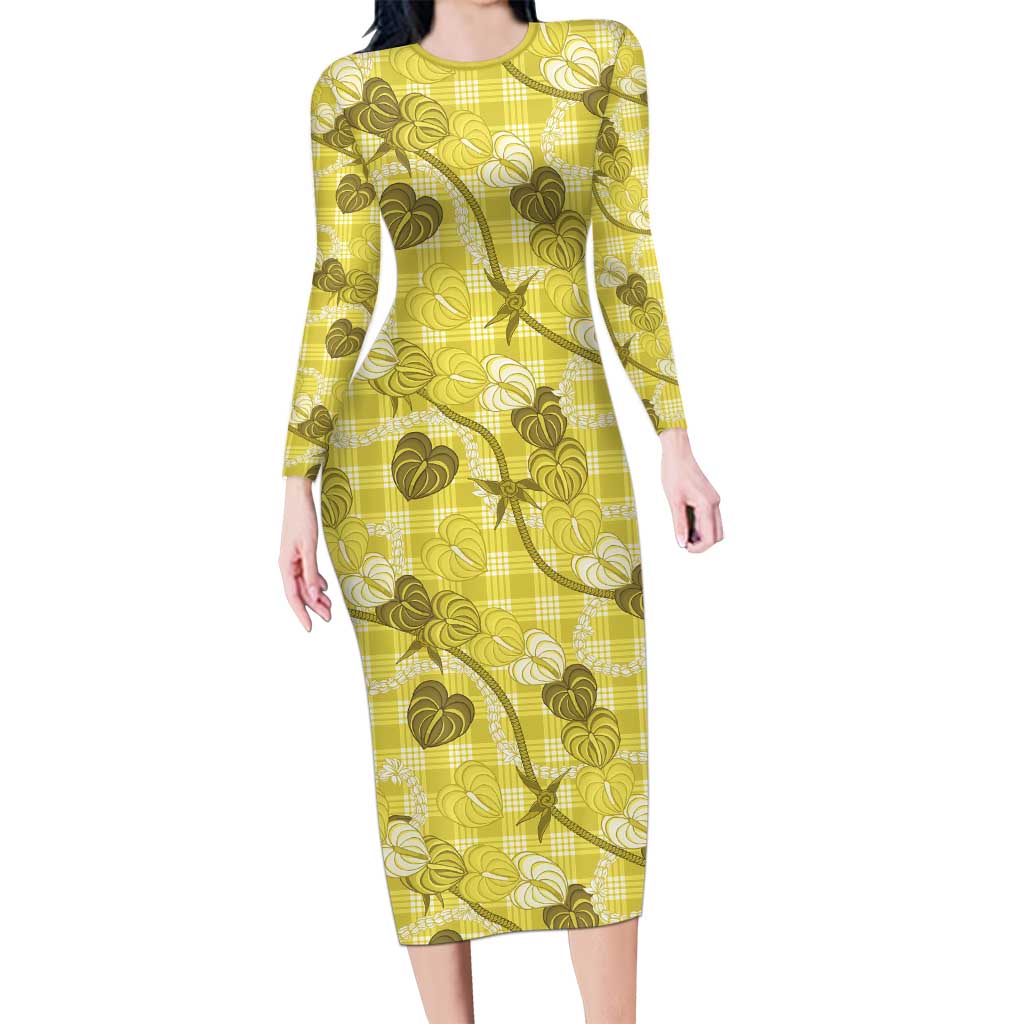 Anthurium Pikake Ti Leaf Palaka Long Sleeve Bodycon Dress Yellow Version LT01 Long Dress Yellow - Polynesian Pride