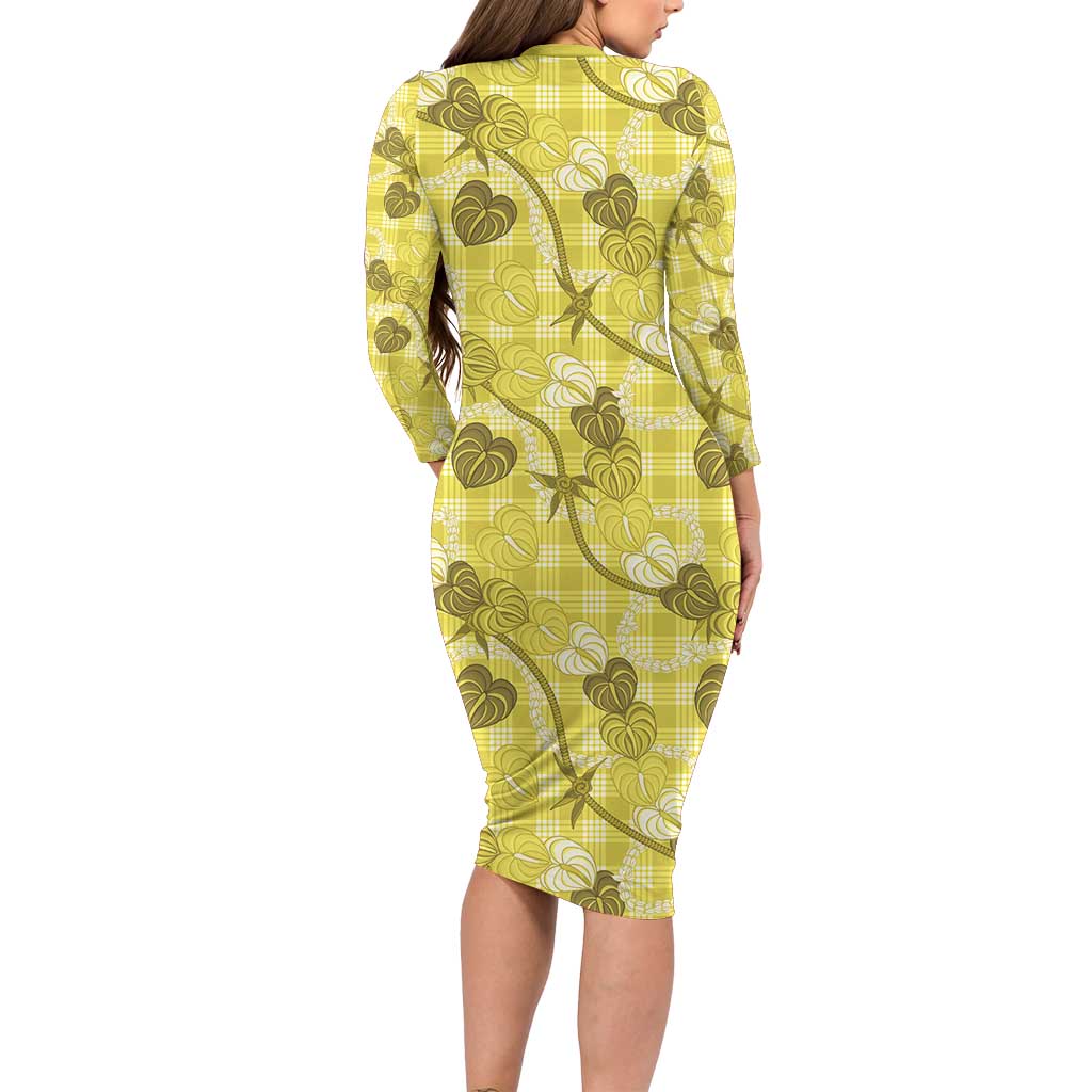 Anthurium Pikake Ti Leaf Palaka Long Sleeve Bodycon Dress Yellow Version LT01 - Polynesian Pride