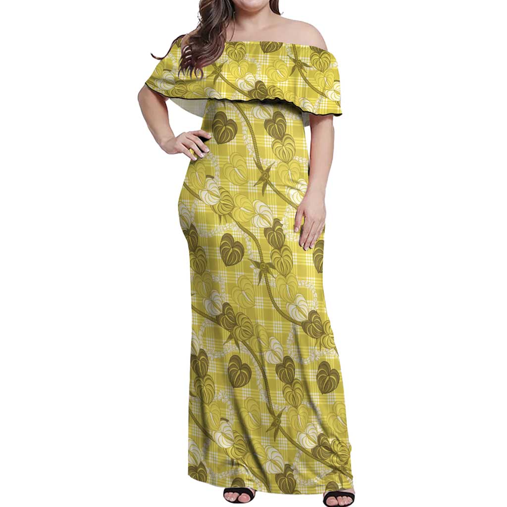 Anthurium Pikake Ti Leaf Palaka Off Shoulder Maxi Dress Yellow Version LT01 Women Yellow - Polynesian Pride