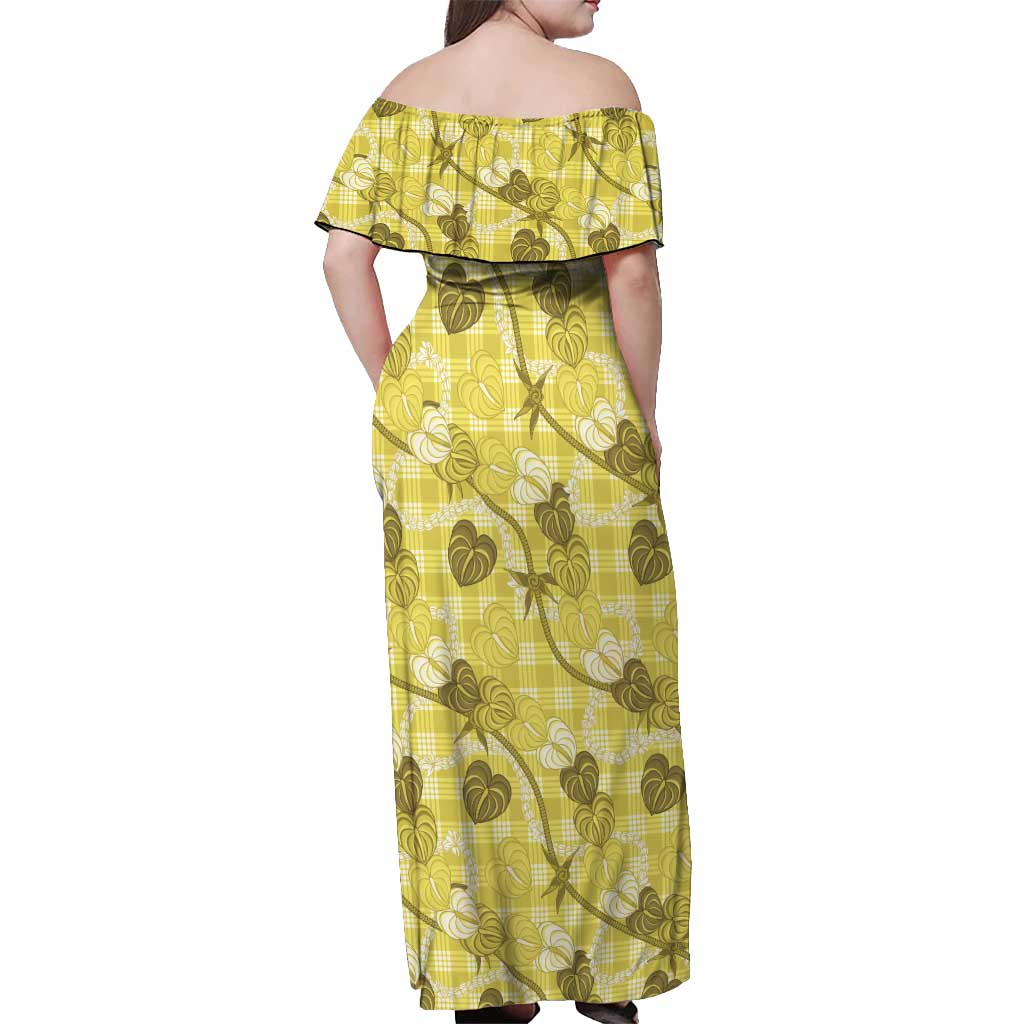 Anthurium Pikake Ti Leaf Palaka Off Shoulder Maxi Dress Yellow Version LT01 - Polynesian Pride
