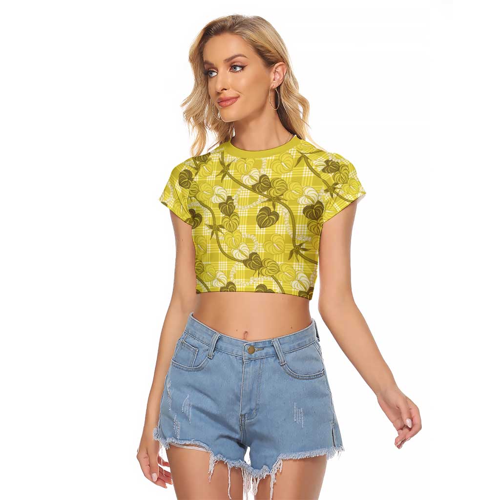 Anthurium Pikake Ti Leaf Palaka Raglan Cropped T Shirt Yellow Version LT01 Female Yellow - Polynesian Pride