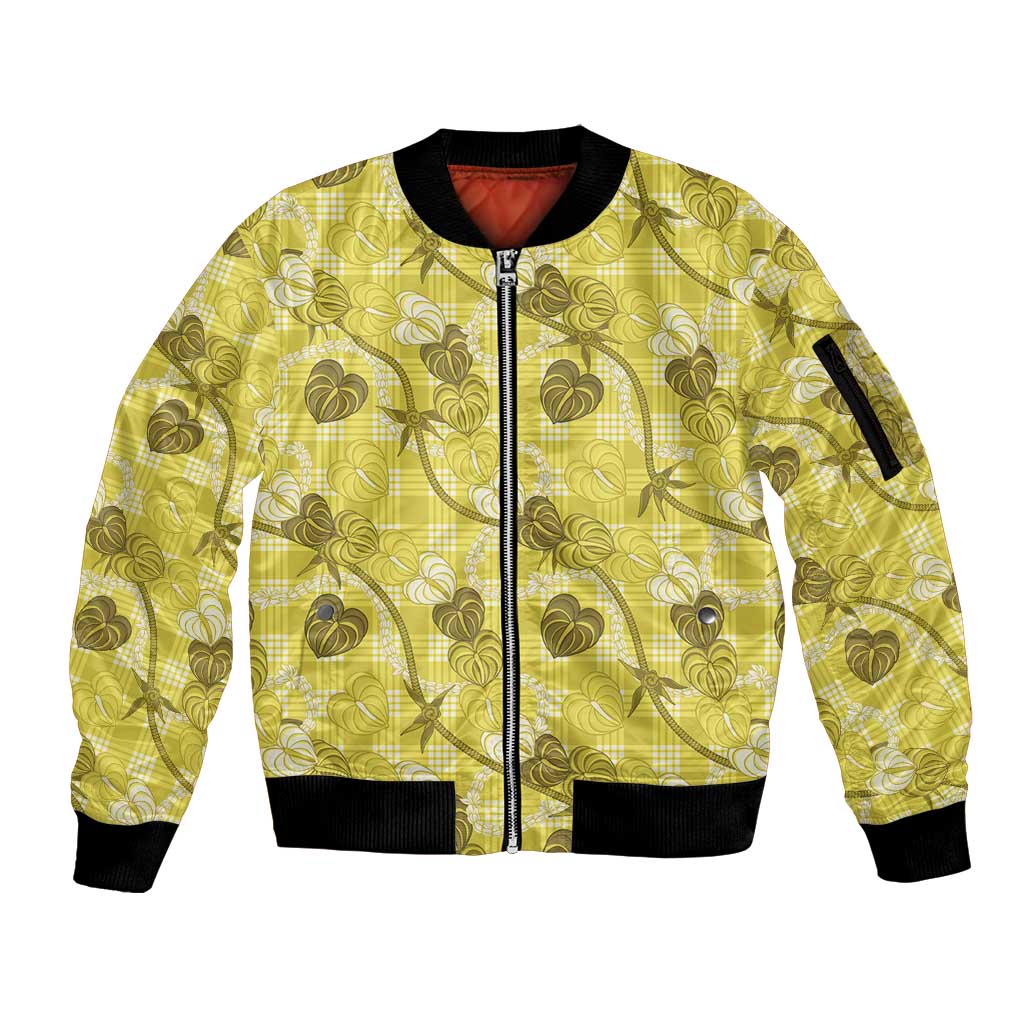 Anthurium Pikake Ti Leaf Palaka Sleeve Zip Bomber Jacket Yellow Version LT01 Unisex Yellow - Polynesian Pride
