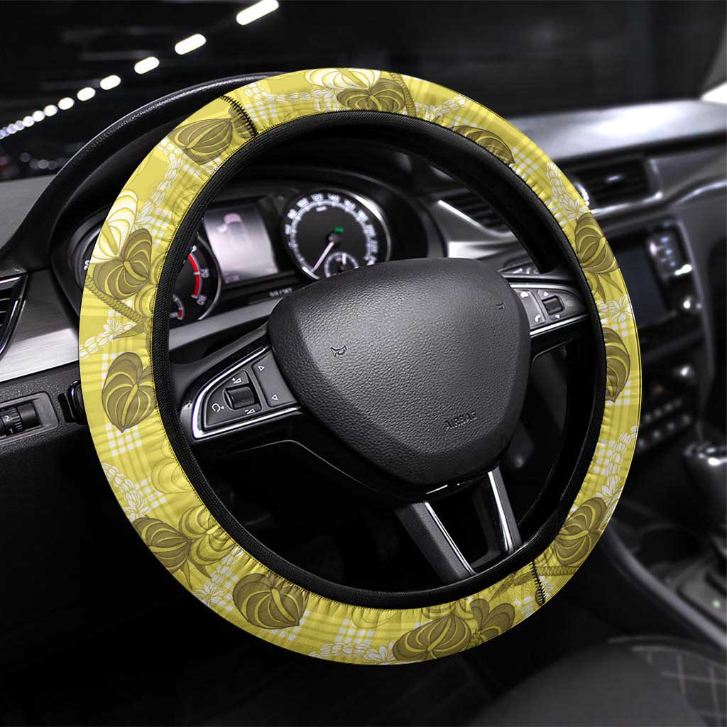 Anthurium Pikake Ti Leaf Palaka Steering Wheel Cover Yellow Version LT01 Universal Fit Yellow - Polynesian Pride