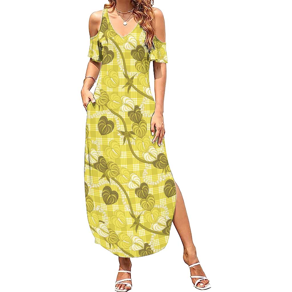 Anthurium Pikake Ti Leaf Palaka Summer Maxi Dress Yellow Version LT01 Women Yellow - Polynesian Pride