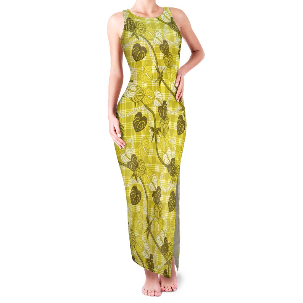 Anthurium Pikake Ti Leaf Palaka Tank Maxi Dress Yellow Version LT01 Women Yellow - Polynesian Pride