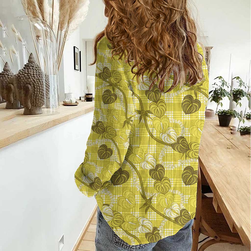 Anthurium Pikake Ti Leaf Palaka Women Casual Shirt Yellow Version LT01 - Polynesian Pride