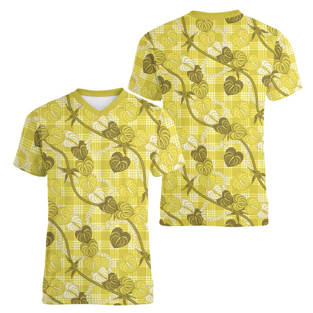 Anthurium Pikake Ti Leaf Palaka Women V-Neck T-Shirt Yellow Version
