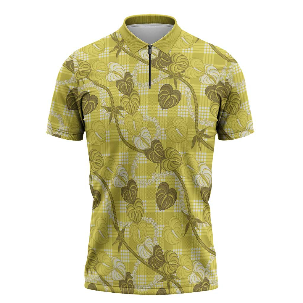 Anthurium Pikake Ti Leaf Palaka Zipper Polo Shirt Yellow Version LT01 Yellow - Polynesian Pride