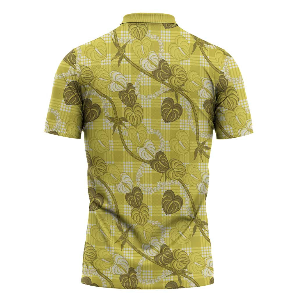 Anthurium Pikake Ti Leaf Palaka Zipper Polo Shirt Yellow Version LT01 - Polynesian Pride