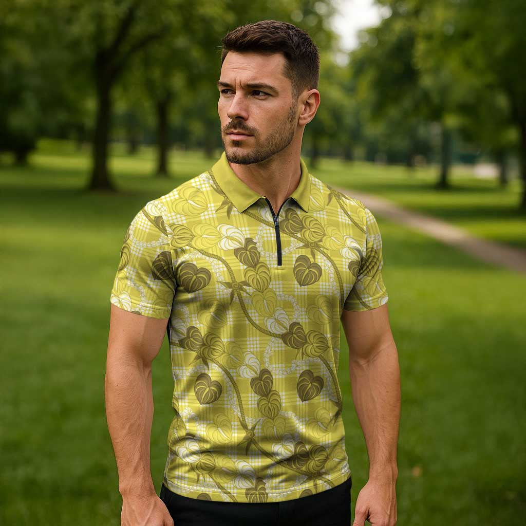 Anthurium Pikake Ti Leaf Palaka Zipper Polo Shirt Yellow Version LT01 - Polynesian Pride