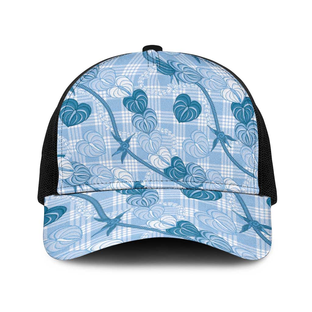 Anthurium Pikake Ti Leaf Palaka Baseball Net Cap Blue Version LT01 One Size Black Blue - Polynesian Pride