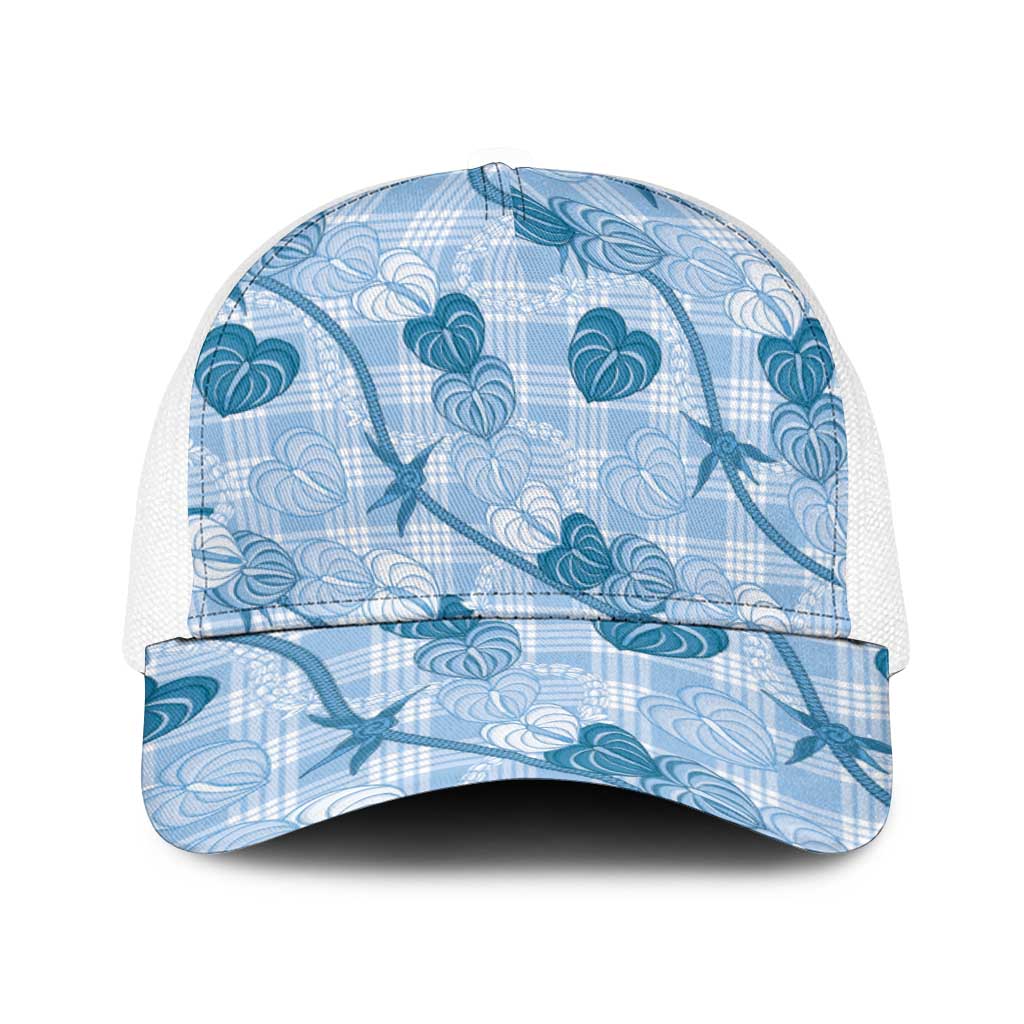 Anthurium Pikake Ti Leaf Palaka Baseball Net Cap Blue Version LT01 One Size White Blue - Polynesian Pride