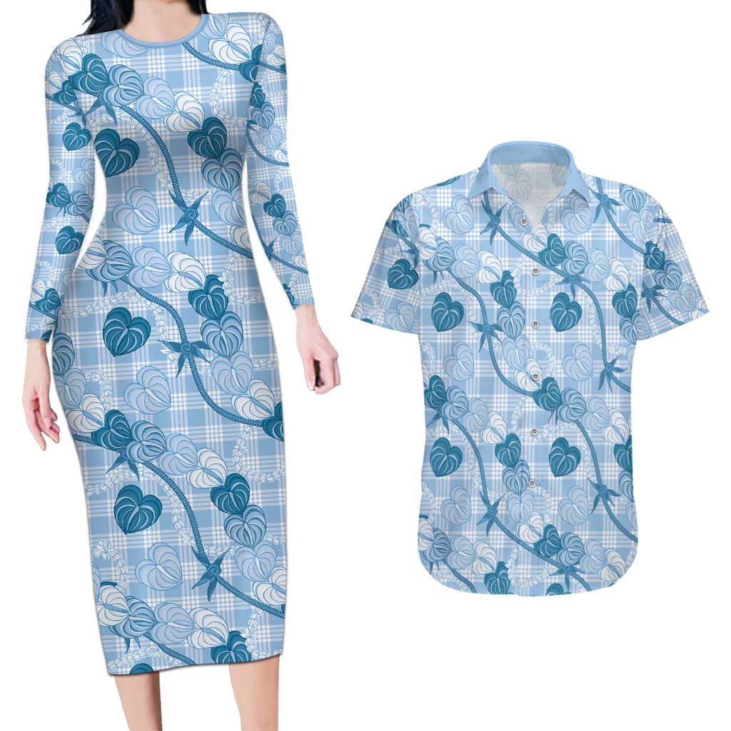 Anthurium Pikake Ti Leaf Palaka Couples Matching Long Sleeve Bodycon Dress and Hawaiian Shirt Blue Version LT01 Blue - Polynesian Pride