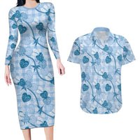 Anthurium Pikake Ti Leaf Palaka Couples Matching Long Sleeve Bodycon Dress and Hawaiian Shirt Blue Version LT01 Blue - Polynesian Pride