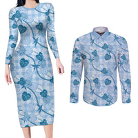 Anthurium Pikake Ti Leaf Palaka Couples Matching Long Sleeve Bodycon Dress and Long Sleeve Button Shirt Blue Version LT01 Blue - Polynesian Pride