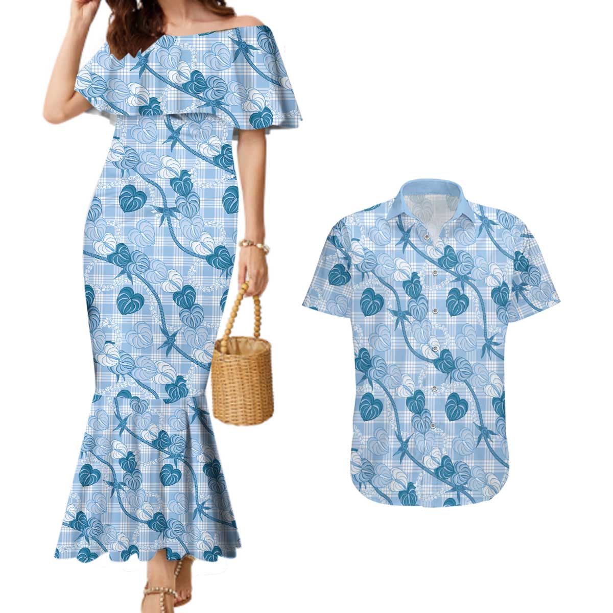 Anthurium Pikake Ti Leaf Palaka Couples Matching Mermaid Dress and Hawaiian Shirt Blue Version LT01 Blue - Polynesian Pride