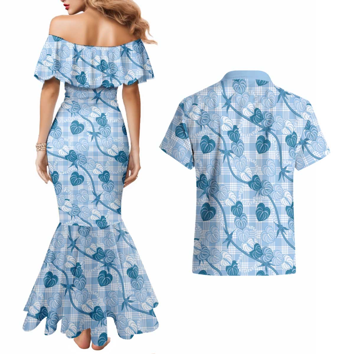 Anthurium Pikake Ti Leaf Palaka Couples Matching Mermaid Dress and Hawaiian Shirt Blue Version LT01 - Polynesian Pride