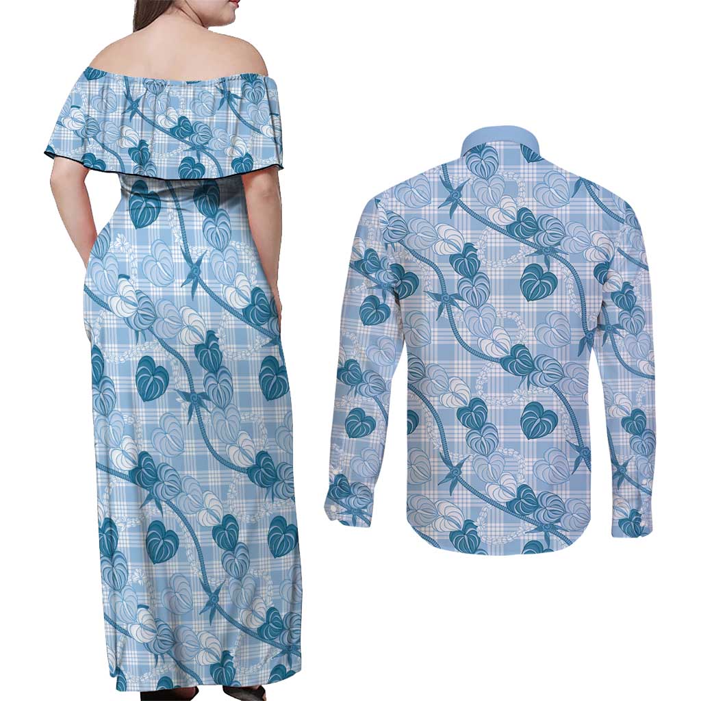 Anthurium Pikake Ti Leaf Palaka Couples Matching Off Shoulder Maxi Dress and Long Sleeve Button Shirt Blue Version LT01 - Polynesian Pride