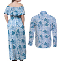 Anthurium Pikake Ti Leaf Palaka Couples Matching Off Shoulder Maxi Dress and Long Sleeve Button Shirt Blue Version LT01 - Polynesian Pride