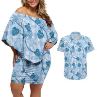 Anthurium Pikake Ti Leaf Palaka Couples Matching Off Shoulder Short Dress and Hawaiian Shirt Blue Version