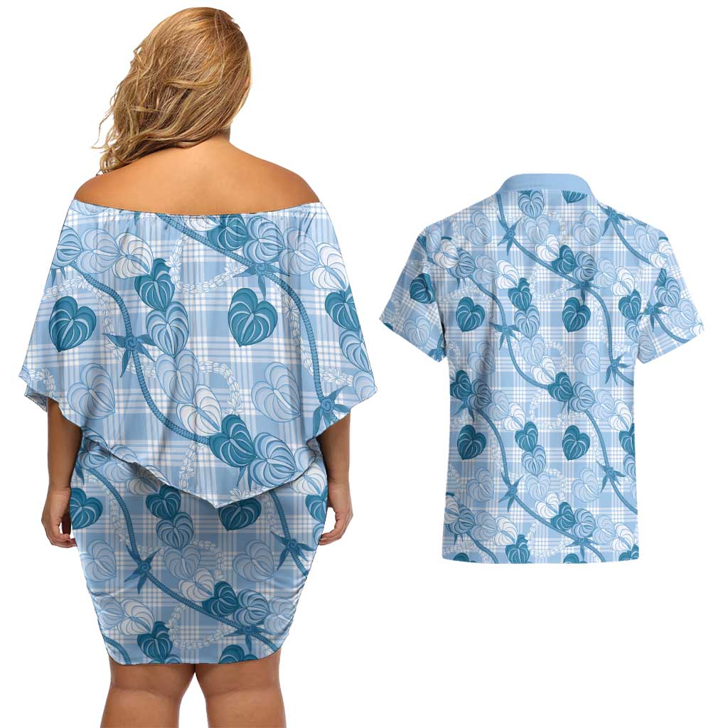 Anthurium Pikake Ti Leaf Palaka Couples Matching Off Shoulder Short Dress and Hawaiian Shirt Blue Version