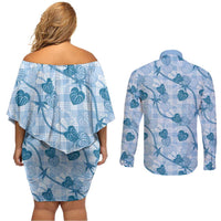 Anthurium Pikake Ti Leaf Palaka Couples Matching Off Shoulder Short Dress and Long Sleeve Button Shirt Blue Version LT01 - Polynesian Pride