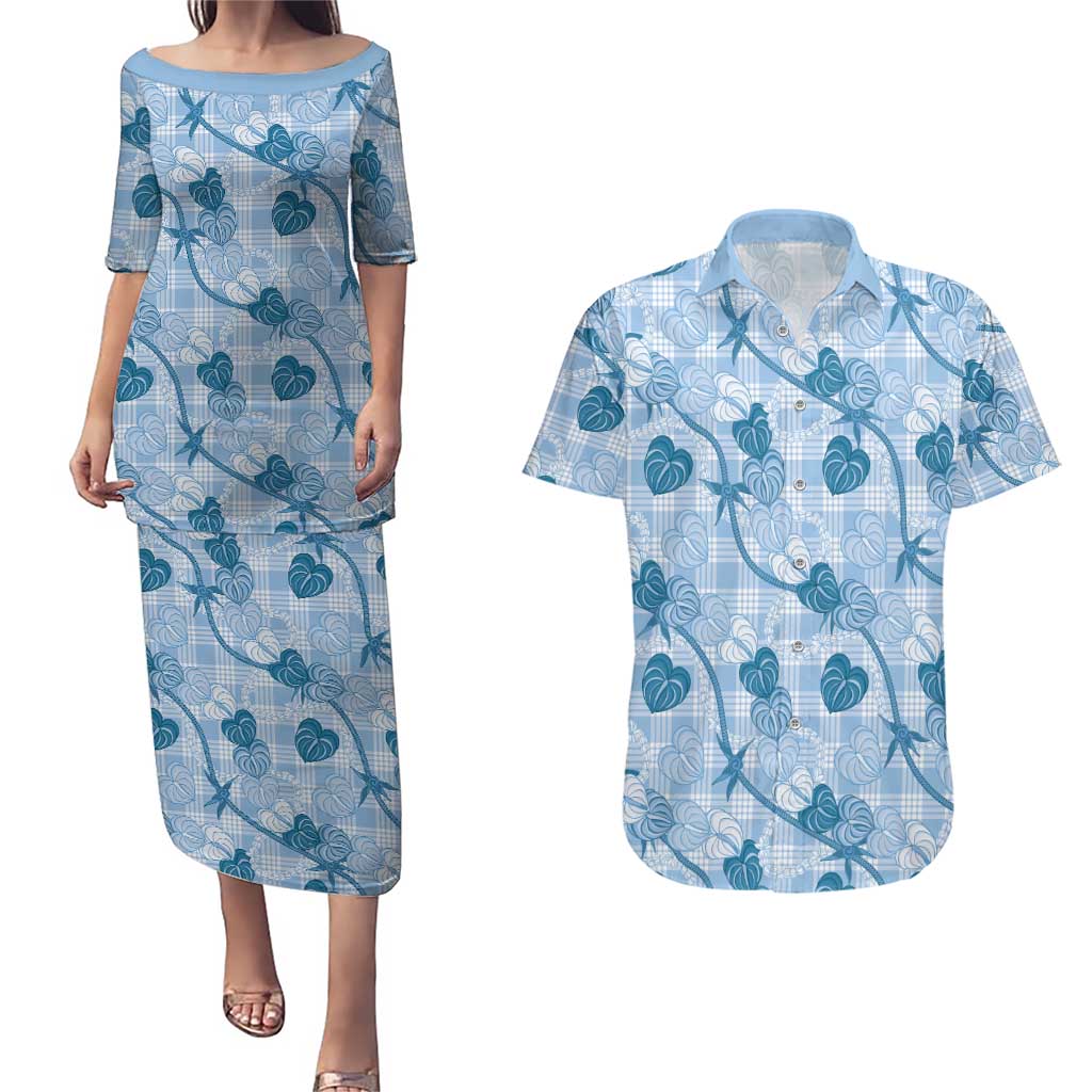 Anthurium Pikake Ti Leaf Palaka Couples Matching Puletasi and Hawaiian Shirt Blue Version LT01 Blue - Polynesian Pride