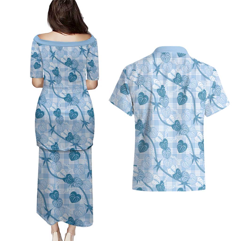 Anthurium Pikake Ti Leaf Palaka Couples Matching Puletasi and Hawaiian Shirt Blue Version LT01 - Polynesian Pride